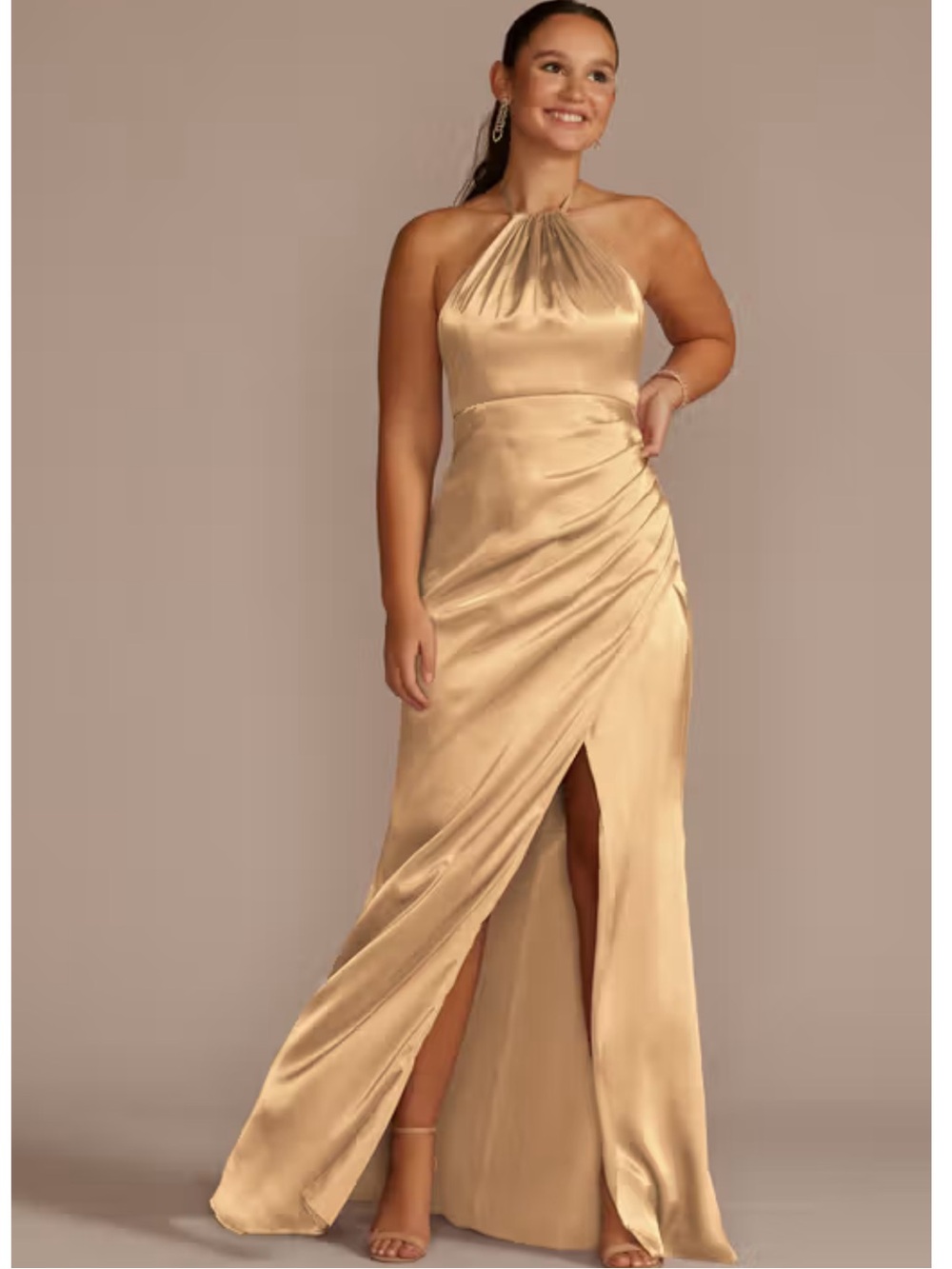 Satin Halter Prom Gown in Gold
